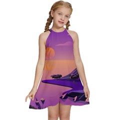 Sunset Sea Ocean Purple Pink Flowers Stone Kids  Halter Collar Waist Tie Chiffon Dress by Jancukart