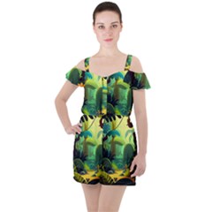 Jungle Rainforest Tropical Forest Jungle Scene Ruffle Cut Out Chiffon Playsuit