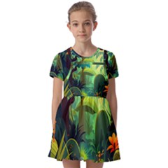 Jungle Rainforest Tropical Forest Jungle Scene Kids  Short Sleeve Pinafore Style Dress by Jancukart