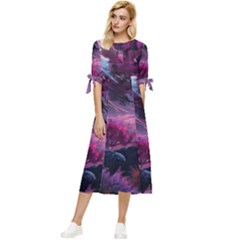 Landscape Landscape Painting Purple Purple Trees Bow Sleeve Chiffon Midi Dress