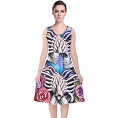 Floral Skeletons V-Neck Midi Sleeveless Dress 