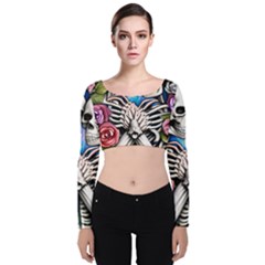 Floral Skeletons Velvet Long Sleeve Crop Top by GardenOfOphir