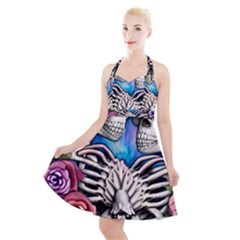 Floral Skeletons Halter Party Swing Dress  by GardenOfOphir