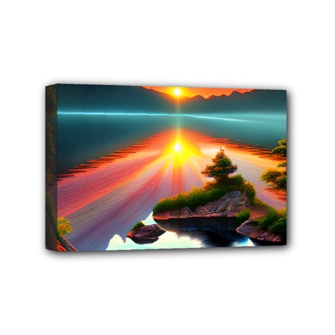 Sunset Over A Lake Mini Canvas 6  X 4  (stretched) by GardenOfOphir