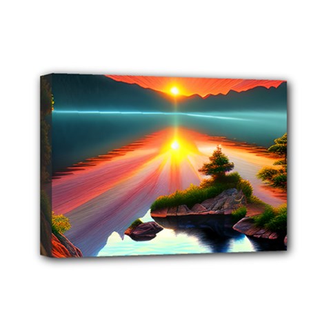 Sunset Over A Lake Mini Canvas 7  X 5  (stretched) by GardenOfOphir