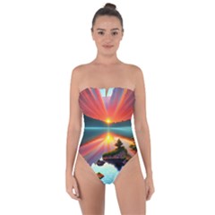 Sunset Over A Lake Tie Back One Piece Swimsuit by GardenOfOphir