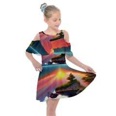 Sunset Over A Lake Kids  Shoulder Cutout Chiffon Dress