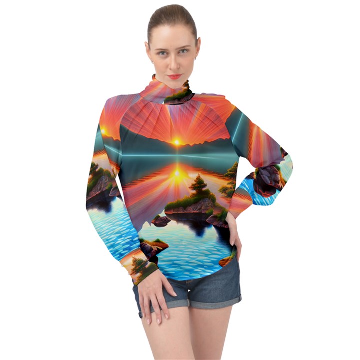 Sunset Over A Lake High Neck Long Sleeve Chiffon Top