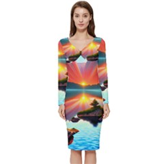 Sunset Over A Lake Long Sleeve V-neck Bodycon Dress  by GardenOfOphir