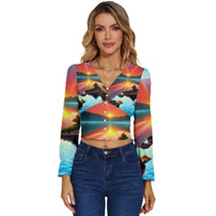 Sunset Over A Lake Long Sleeve V-neck Top by GardenOfOphir