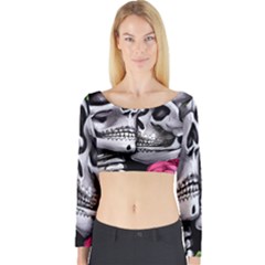 Black Skulls Red Roses Long Sleeve Crop Top by GardenOfOphir