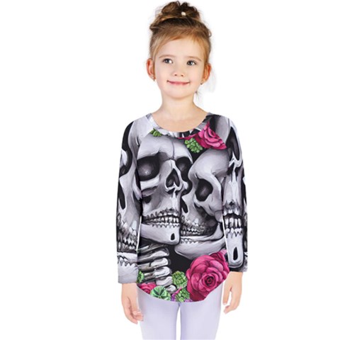 Black Skulls Red Roses Kids  Long Sleeve Tee by GardenOfOphir