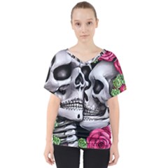 Black Skulls Red Roses V-neck Dolman Drape Top by GardenOfOphir