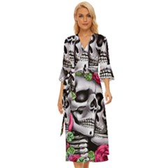 Black Skulls Red Roses Midsummer Wrap Dress by GardenOfOphir