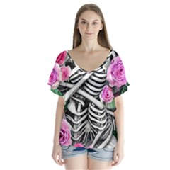 Floral Skeletons V-neck Flutter Sleeve Top by GardenOfOphir