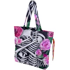 Floral Skeletons Drawstring Tote Bag by GardenOfOphir
