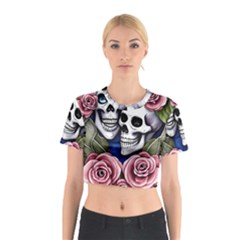 Skulls And Flowers Cotton Crop Top by GardenOfOphir