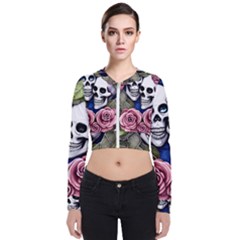 Skulls And Flowers Long Sleeve Zip Up Bomber Jacket by GardenOfOphir