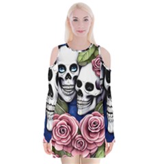 Skulls And Flowers Velvet Long Sleeve Shoulder Cutout Dress by GardenOfOphir