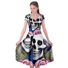 Skulls And Flowers Cap Sleeve Wrap Front Dress by GardenOfOphir