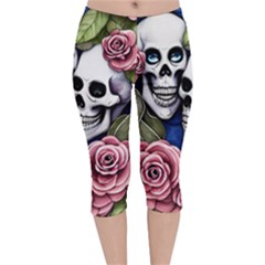 Skulls And Flowers Velvet Capri Leggings  by GardenOfOphir