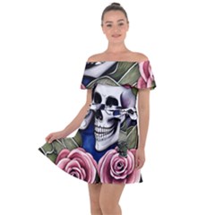 Skulls And Flowers Off Shoulder Velour Dress by GardenOfOphir