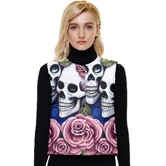Skulls And Flowers Women s Short Button Up Puffer Vest by GardenOfOphir
