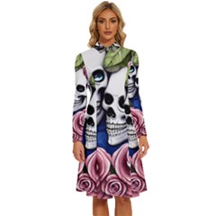 Skulls And Flowers Long Sleeve Shirt Collar A-line Dress by GardenOfOphir