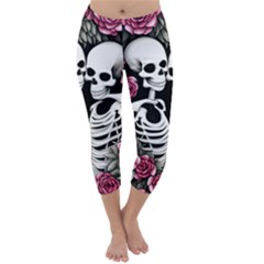 Black And White Rose Sugar Skull Capri Winter Leggings  by GardenOfOphir