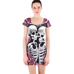 Black And White Rose Sugar Skull Short Sleeve Bodycon Dress by GardenOfOphir