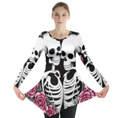 Black And White Rose Sugar Skull Long Sleeve Tunic  by GardenOfOphir