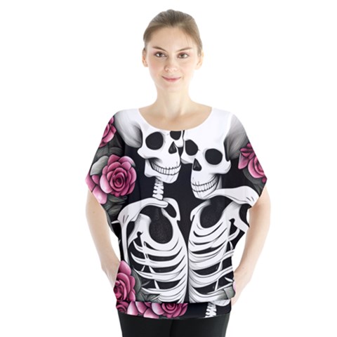 Black And White Rose Sugar Skull Batwing Chiffon Blouse by GardenOfOphir