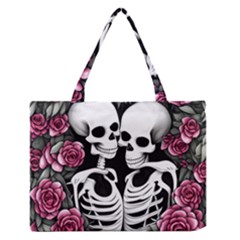 Black And White Rose Sugar Skull Zipper Medium Tote Bag by GardenOfOphir