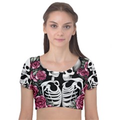 Black And White Rose Sugar Skull Velvet Short Sleeve Crop Top  by GardenOfOphir