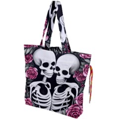 Black And White Rose Sugar Skull Drawstring Tote Bag by GardenOfOphir