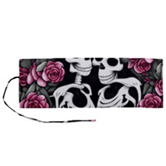 Black And White Rose Sugar Skull Roll Up Canvas Pencil Holder (m) by GardenOfOphir