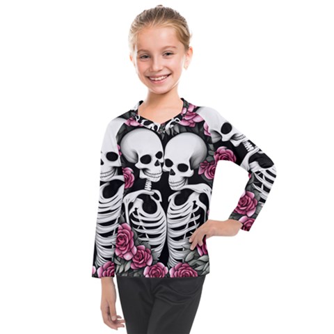 Black And White Rose Sugar Skull Kids  Long Mesh Tee by GardenOfOphir