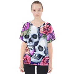 Floral Skeletons V-neck Dolman Drape Top by GardenOfOphir