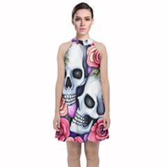 Floral Skeletons Velvet Halter Neckline Dress 