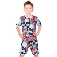 Floral Skeletons Kids  Tee And Shorts Set by GardenOfOphir