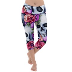 Floral Skeletons Lightweight Velour Capri Yoga Leggings by GardenOfOphir