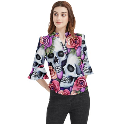 Floral Skeletons Loose Horn Sleeve Chiffon Blouse by GardenOfOphir