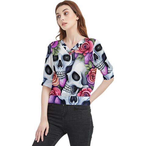 Floral Skeletons Quarter Sleeve Blouse by GardenOfOphir