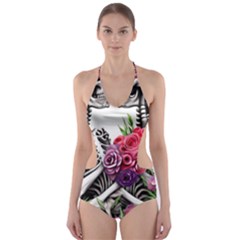 Gothic Floral Skeletons Cut-out One Piece Swimsuit by GardenOfOphir