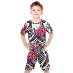 Gothic Floral Skeletons Kids  Tee And Shorts Set by GardenOfOphir
