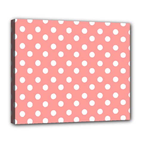 Coral And White Polka Dots Deluxe Canvas 24  X 20  (stretched) by GardenOfOphir