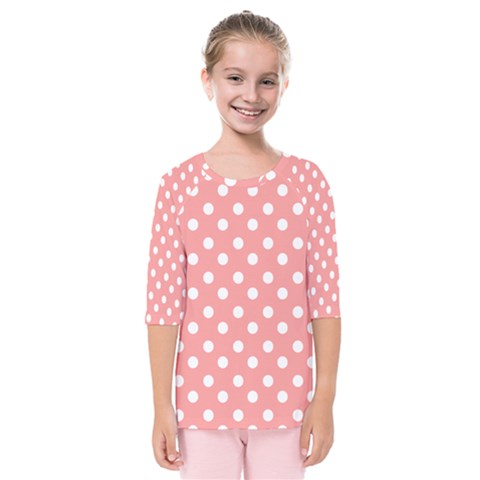 Coral And White Polka Dots Kids  Quarter Sleeve Raglan Tee by GardenOfOphir