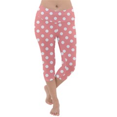 Coral And White Polka Dots Lightweight Velour Capri Yoga Leggings by GardenOfOphir