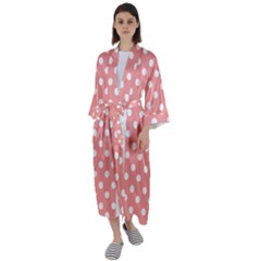 Coral And White Polka Dots Maxi Satin Kimono by GardenOfOphir