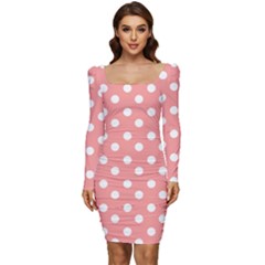 Coral And White Polka Dots Women Long Sleeve Ruched Stretch Jersey Dress by GardenOfOphir